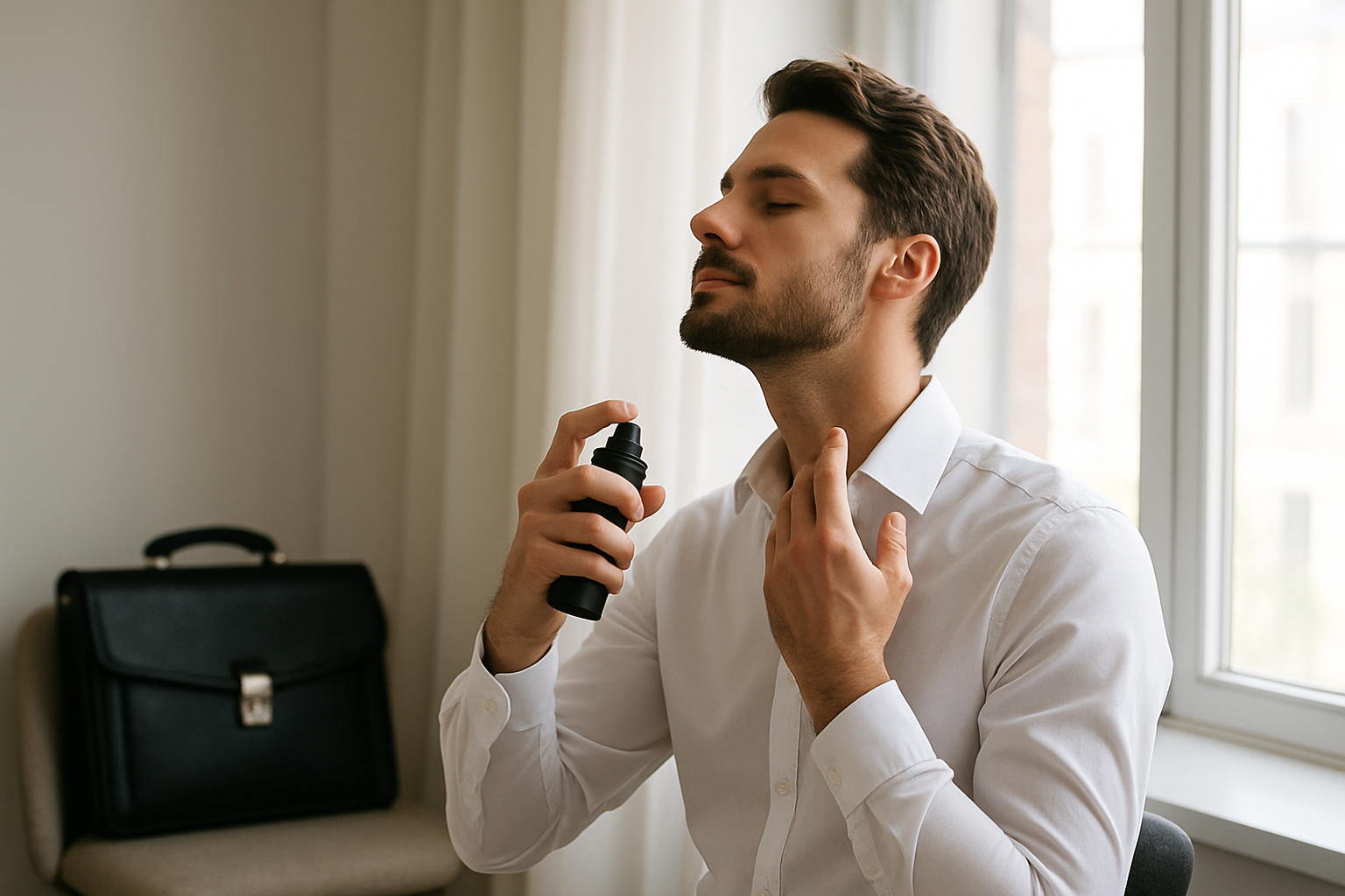Man applying Deodorant Body Spray on neck before work.