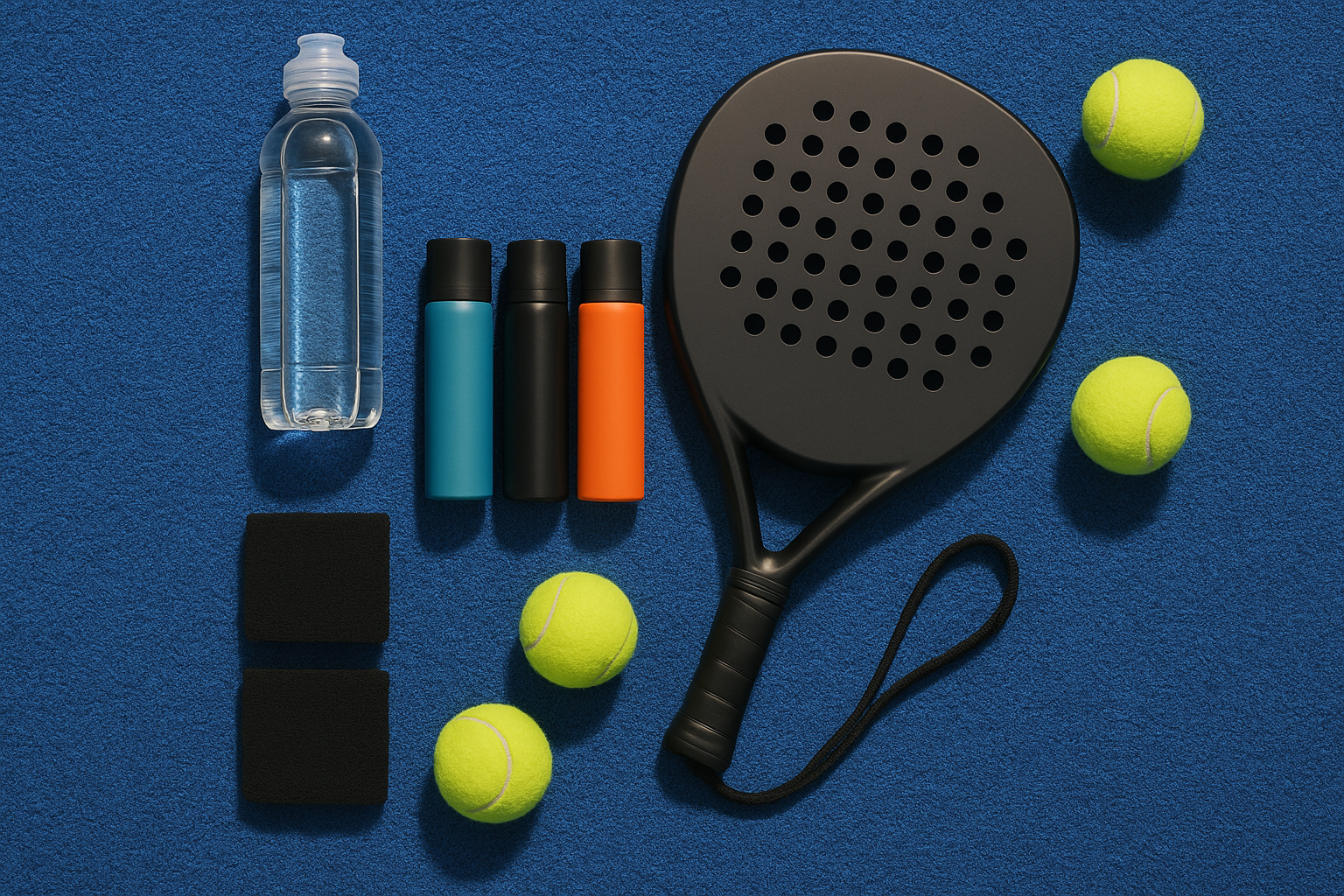 Kit body spray padel: tiga body spray, raket padel, bola, dan botol minum di lapangan biru.