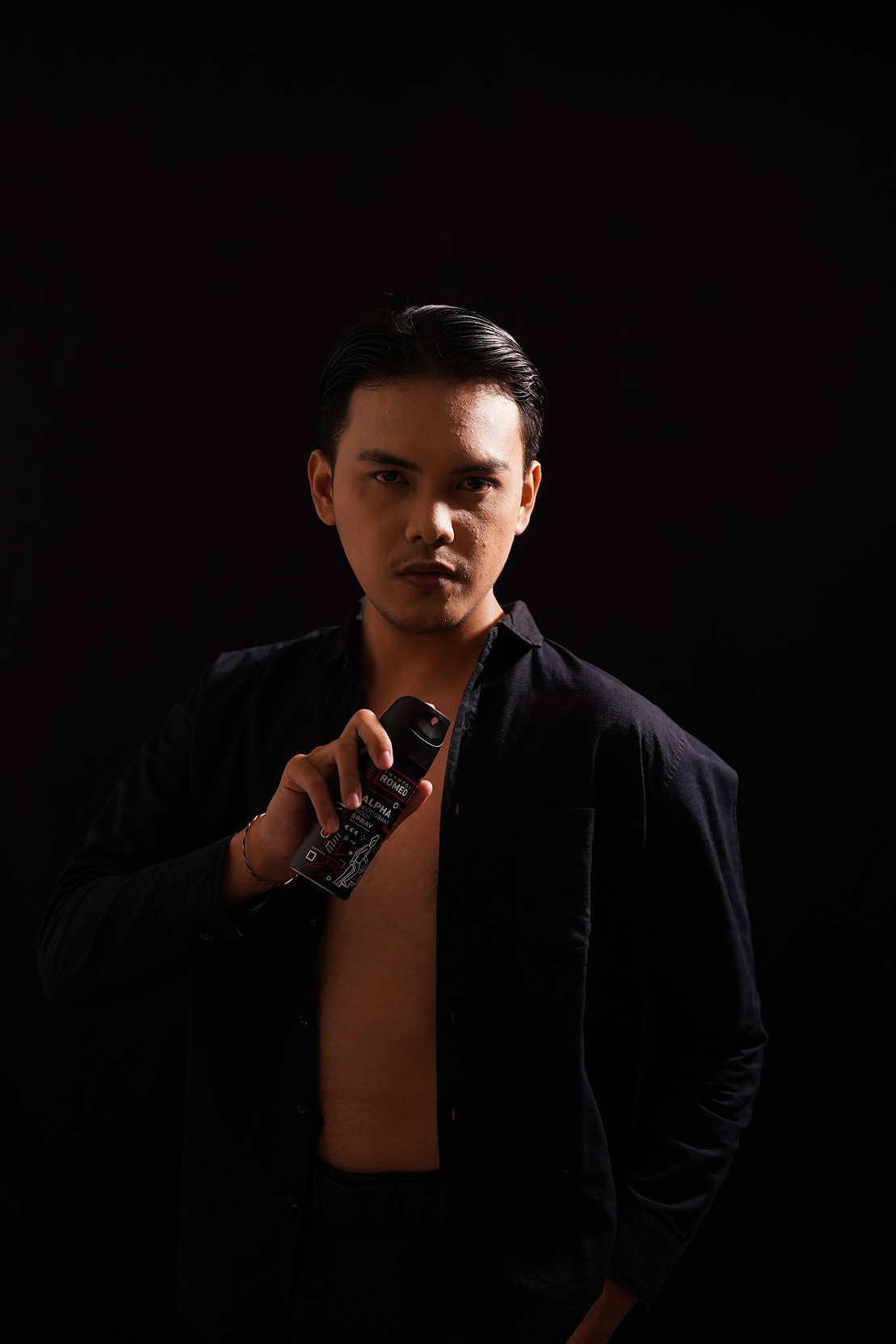 man holding shantos romeo alpha deodorant body spray