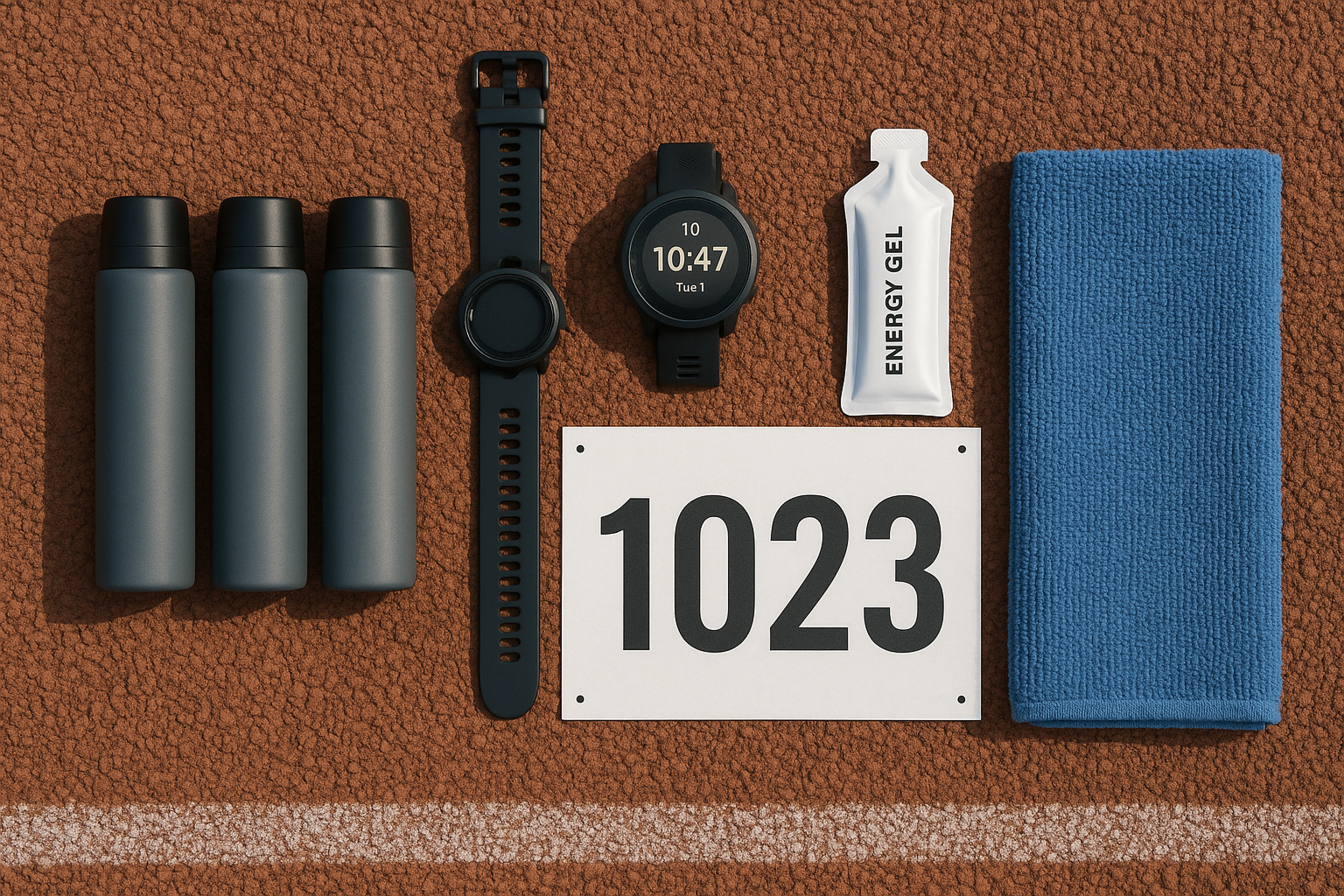 body spray untuk lari bersama jam olahraga, race bib, dan handuk.