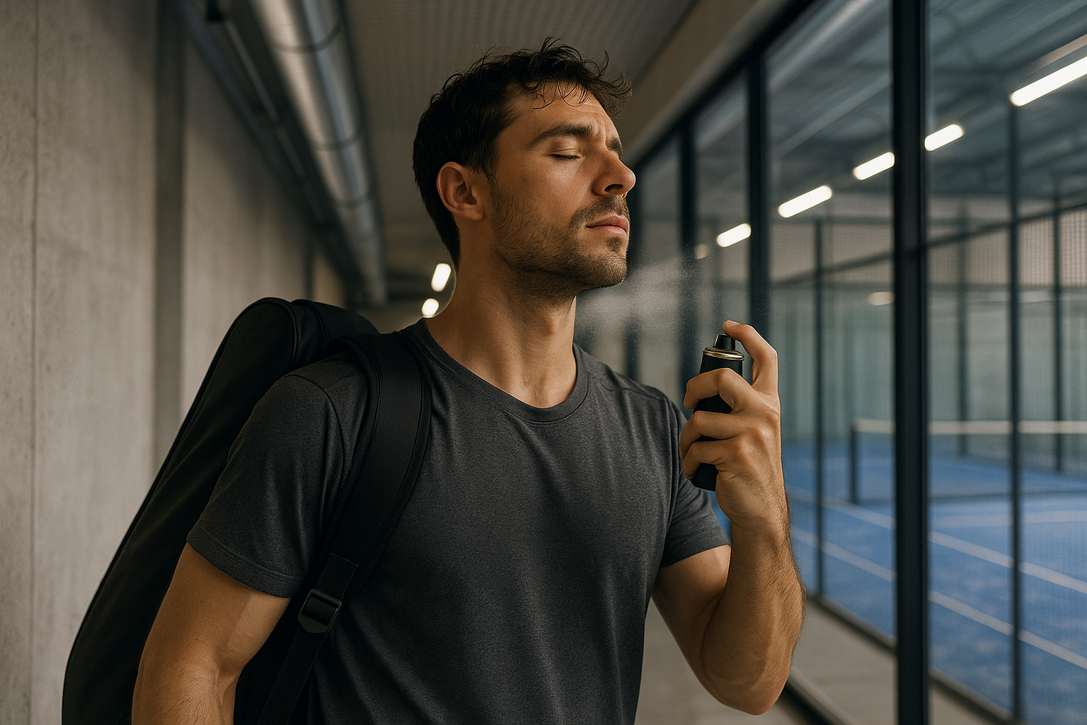 body spray padel sebelum masuk court di koridor berventilasi.