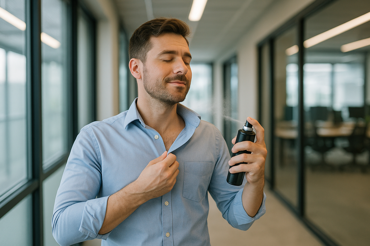 re-apply body spray secara sopan di koridor kantor.