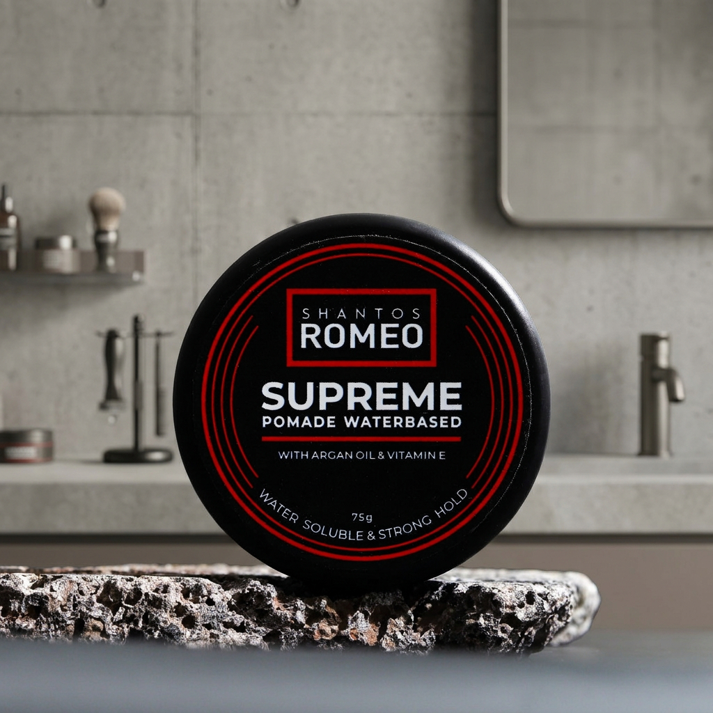 shantos romeo pomade supreme on bathroom